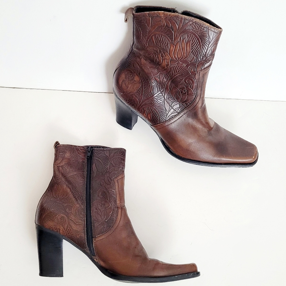 Brown Embossed Leather Ankle Boots
